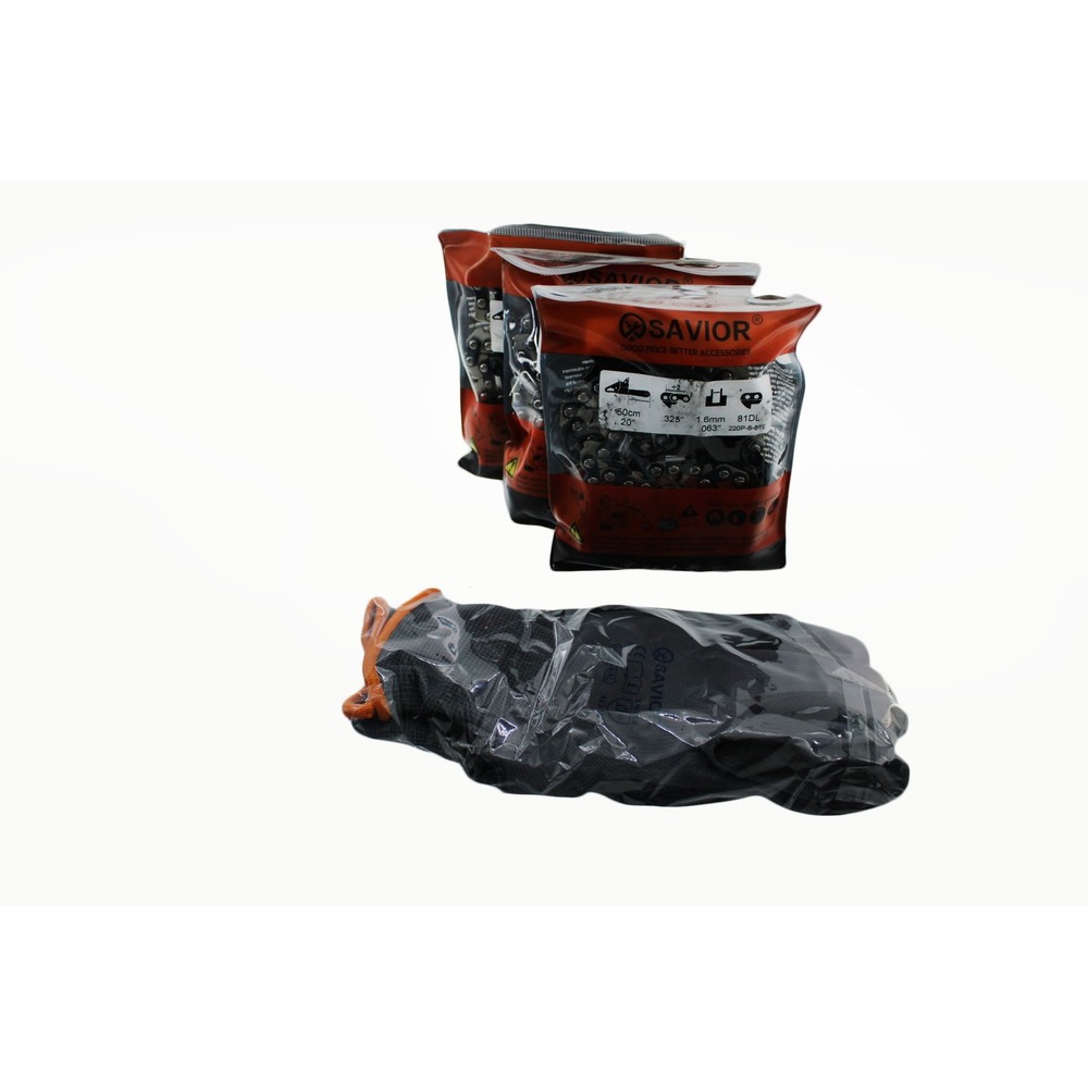 Savior 3 Pack 20 Inch Chainsaw Chain .325 Pitch .063 Gauge 81DL with Gloves NEW